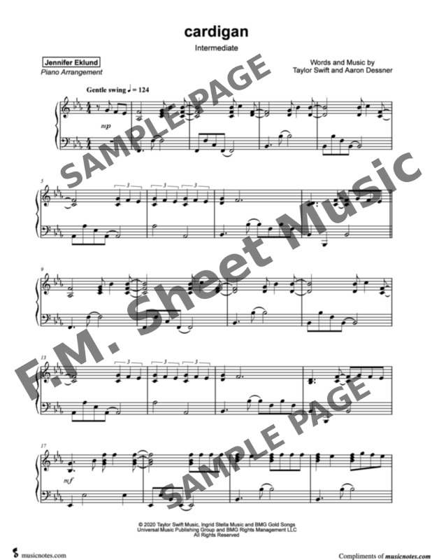 Cardigan (Intermediate Piano) By Taylor Swift - F.M. Sheet Music - Pop